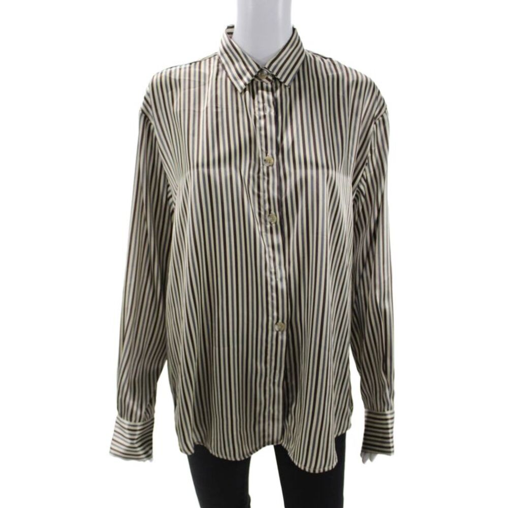 The Line Womens Beige Striped Collared Button Up Blouse Long Sleeve Size S